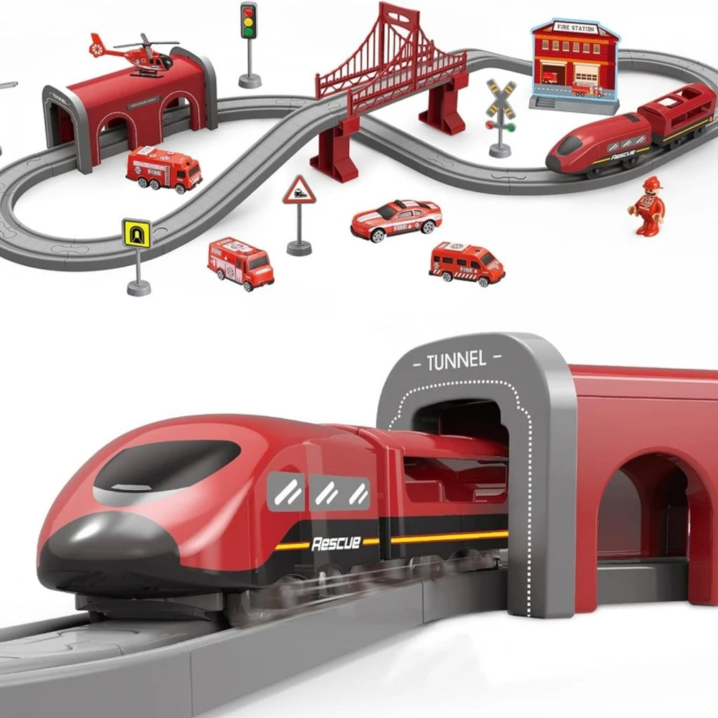 Set treno elettrico Woopie da 66 pezzi con locomotiva, vagoni magnetici, caserma, ponte e tunnel. Con luci e suoni realistici. Ideale per bimbi dai 3 anni.7