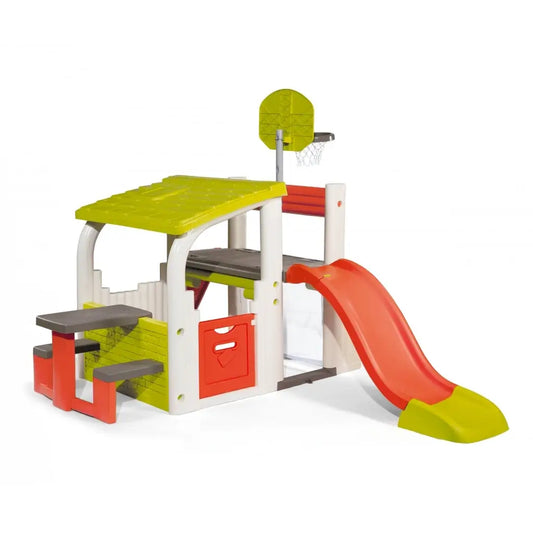 Smoby Fun Center! Parco giochi da esterno con scivolo, basket, calcio e tavolo picnic. Robusto, colorato e sicuro per bambini dai 2 anni