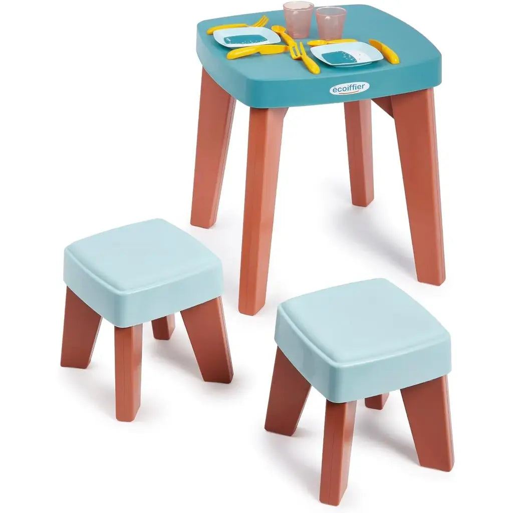 Tavolo da pranzo Ecoiffier per bambini con sgabelli e stoviglie. Certificazione CE, plastica resistente, Made in France. Perfetto per gioco e regalo. 1