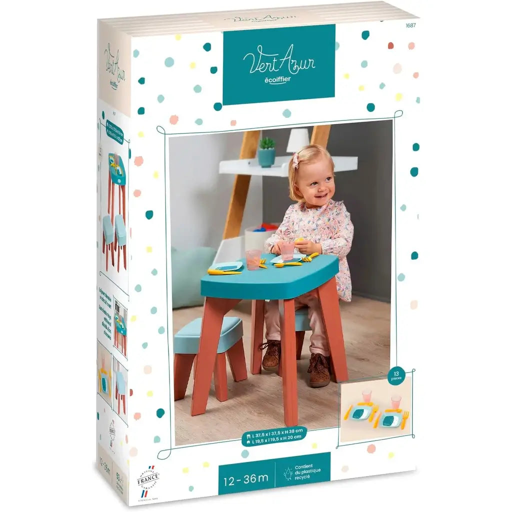 Tavolo da pranzo Ecoiffier per bambini con sgabelli e stoviglie. Certificazione CE, plastica resistente, Made in France. Perfetto per gioco e regalo. 2