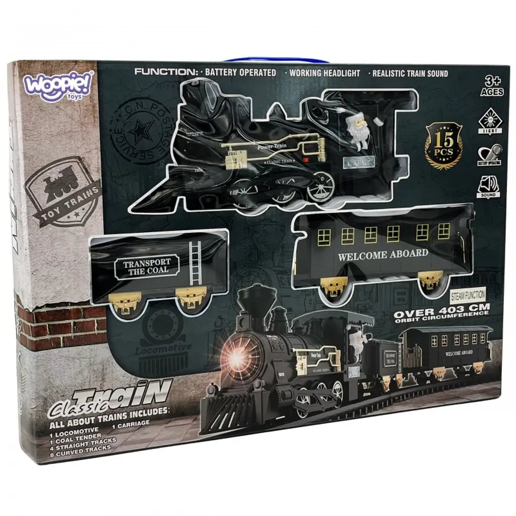 Treno elettrico WOOPIE con 29 accessori. La locomotiva emette suoni, luce e vapore acqueo. Pista di 460 cm, facile da montare. Ideale da 3 anni.5