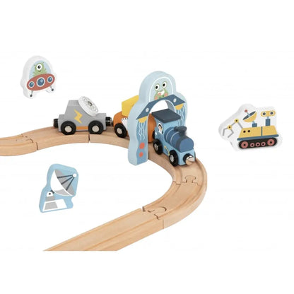 Treno in legno multilivello a tema spaziale con binari, astronauti e razzo. Sviluppa creatività e motricità. Età: 3+ anni.9