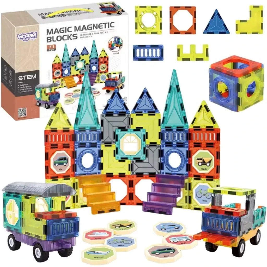 Blocchi magnetici 3D Woopie 71 pezzi per bambini dai 3 anni. Gioco educativo costruzioni magnetiche con auto