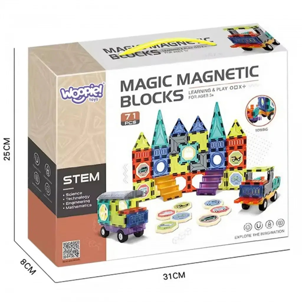 Blocchi magnetici 3D Woopie 71 pezzi per bambini dai 3 anni. Gioco educativo costruzioni magnetiche con auto 3