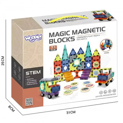 Blocchi magnetici 3D Woopie 71 pezzi per bambini dai 3 anni. Gioco educativo costruzioni magnetiche con auto 3