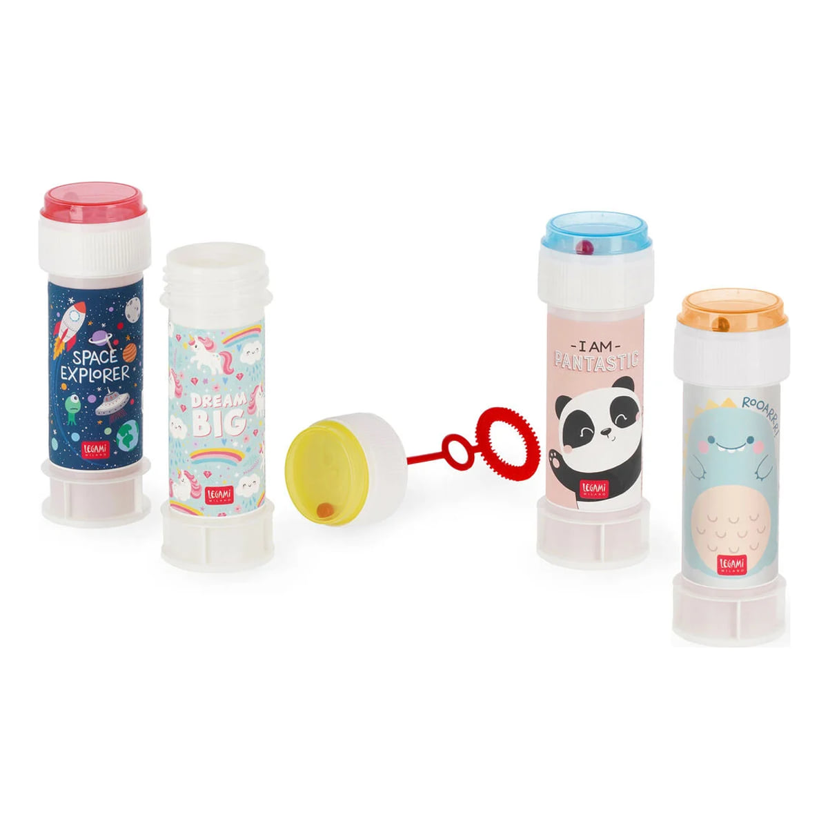 Flaconi bolle di sapone Legami da 60 ml con bacchetta, grafiche spazio, unicorni, dinosauro e panda assortite
