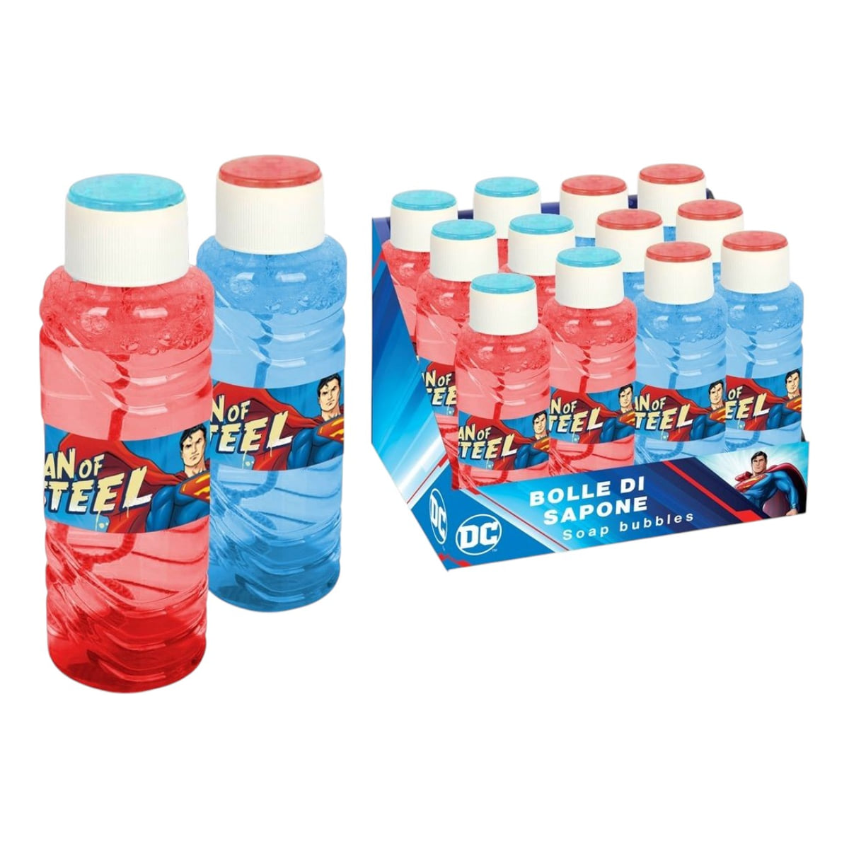 Flaconi bolle di sapone Superman Man of Steel in colorazioni rosso e blu da 288 ml, esposti in display da 12 pezzi licenza DC