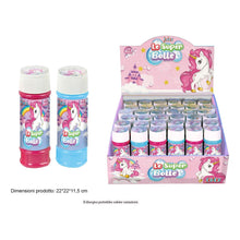 Bolle di sapone unicorno 60 ml in tubetti rosa e azzurro, display espositore da 24 pezzi, grafica unicorno e arcobaleno, brand Joko