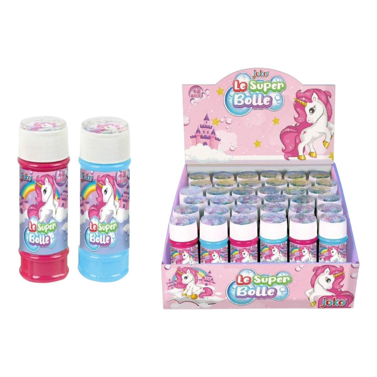 Bolle di sapone unicorno 60 ml in tubetti rosa e azzurro, display espositore da 24 pezzi, grafica unicorno e arcobaleno, brand Joko