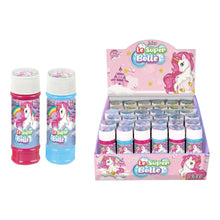 Bolle di sapone unicorno 60 ml in tubetti rosa e azzurro, display espositore da 24 pezzi, grafica unicorno e arcobaleno, brand Joko