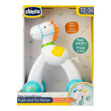 Cavallino push and go Chicco in plastica bianca con ruote azzurre tintinnanti, criniera arancione, confezione originale Baby Sense and Focus