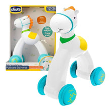 Cavallino push and go Chicco in plastica bianca con ruote azzurre tintinnanti, criniera arancione, confezione originale Baby Sense and Focus
