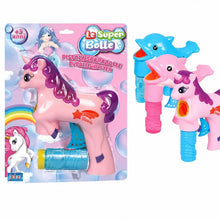 Pistola sparabolle a forma di unicorno rosa e delfino azzurro con flacone soluzione incluso, marchio Joko Le Super Bolle, età 3+