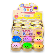 Display da 12 squishy antistress Kawaii Bao a forma di raviolo con faccina kawaii in vari colori, diametro 9,5 cm