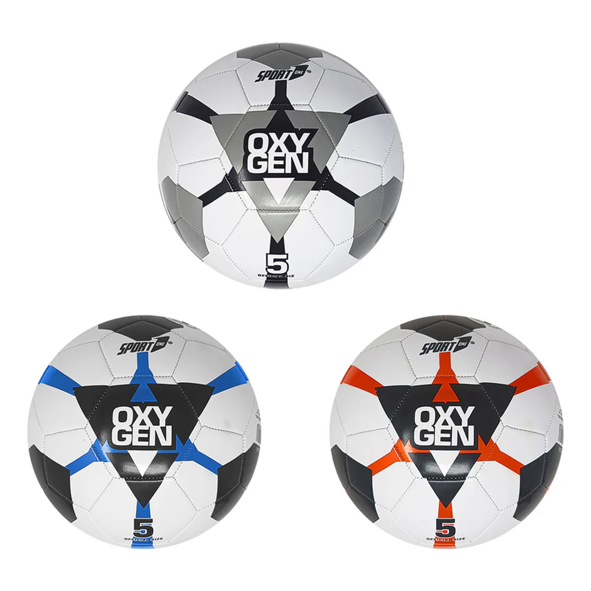 Pallone da calcio Sport One Oxygen misura 5 in tre varianti colore: grigio, blu e arancione su fondo bianco