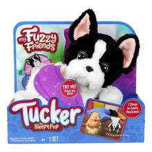 Peluche cane interattivo Tucker the Sleepy Pup in bianco e nero, confezione My Fuzzy Friends con cuscino viola, età 4+