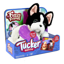 Peluche cane interattivo Tucker the Sleepy Pup in bianco e nero, confezione My Fuzzy Friends con cuscino viola, età 4+