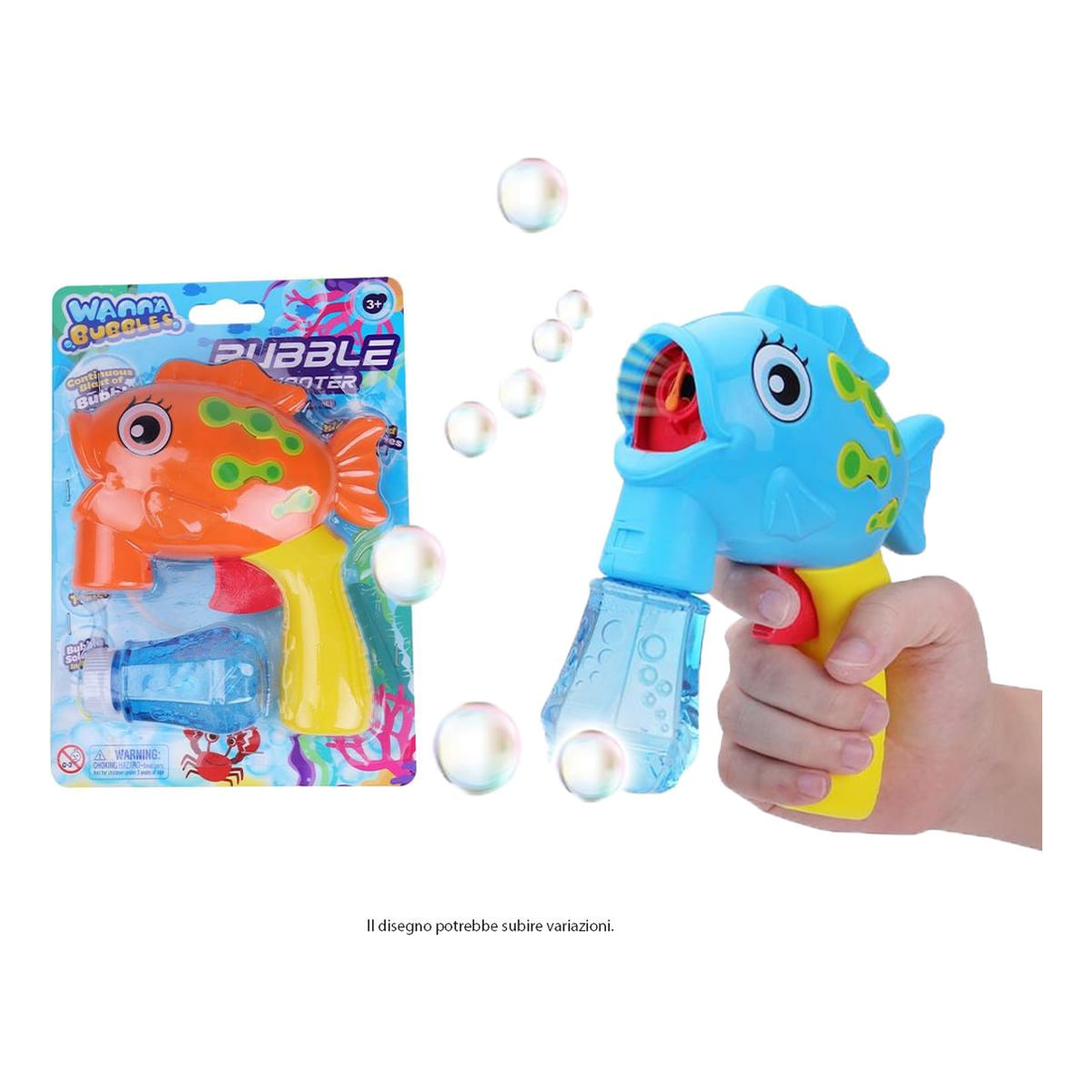 Pistola sparabolle a forma di pesce in plastica colorata arancione e azzurra, con flacone di liquido incluso, età 3+