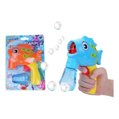 Pistola sparabolle a forma di pesce in plastica colorata arancione e azzurra, con flacone di liquido incluso, età 3+