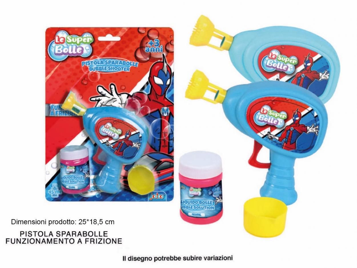 Pistola sparabolle azzurra a frizione con grafica supereroe Le Super Bolle, flacone liquido bolle 40 ml incluso