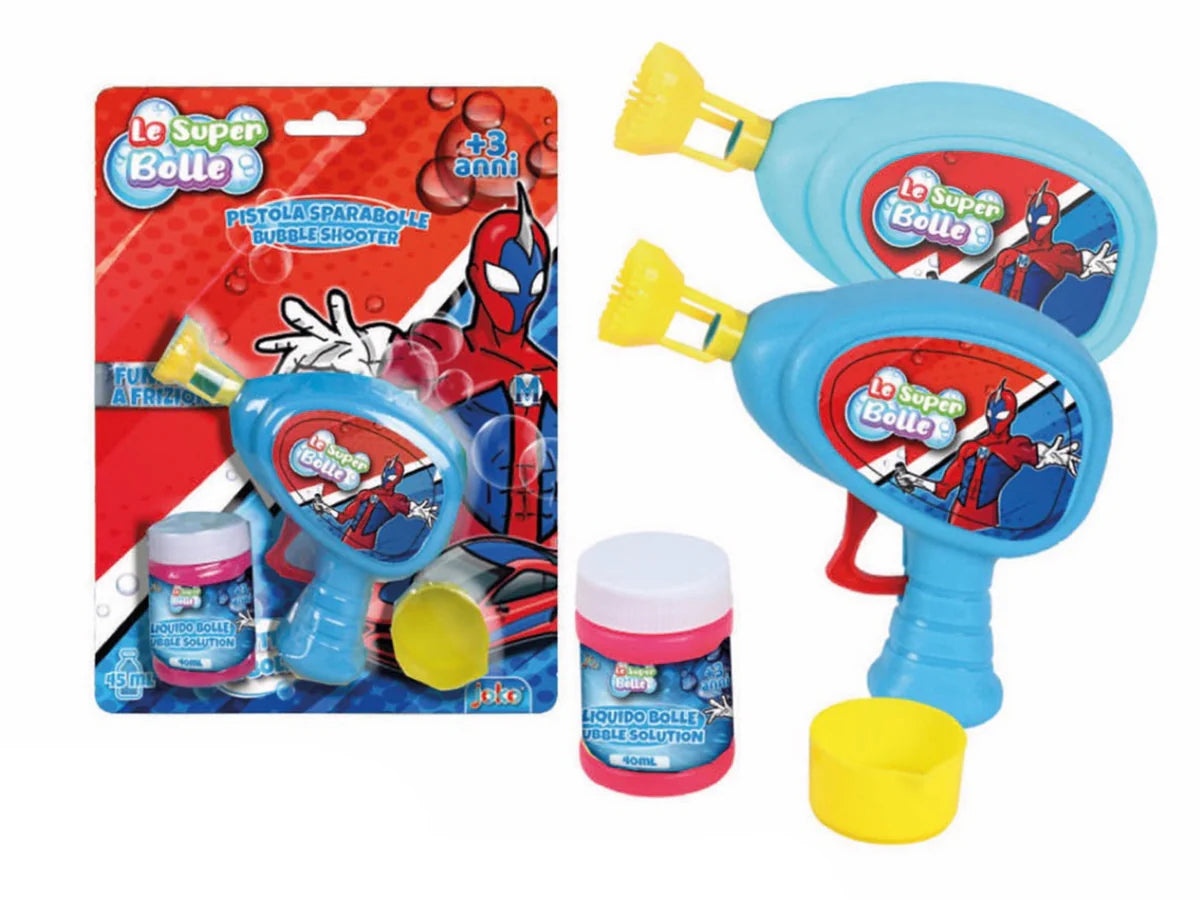 Pistola sparabolle azzurra a frizione con grafica supereroe Le Super Bolle, flacone liquido bolle 40 ml incluso