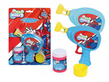 Pistola sparabolle azzurra a frizione con grafica supereroe Le Super Bolle, flacone liquido bolle 40 ml incluso