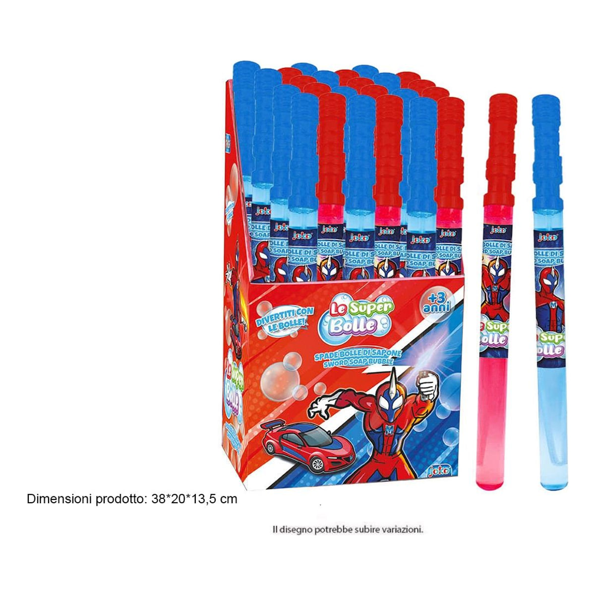 Spada bolle di sapone in plastica rosa e blu con grafica super hero, display espositore da banco Joko Le Super Bolle