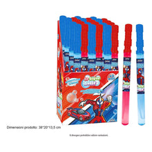Spada bolle di sapone in plastica rosa e blu con grafica super hero, display espositore da banco Joko Le Super Bolle