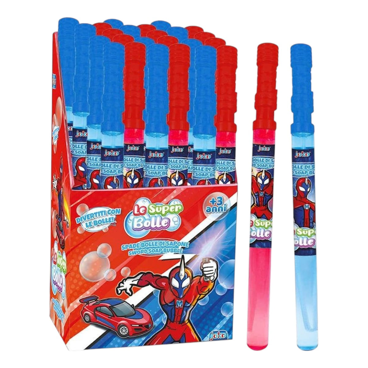 Spada bolle di sapone in plastica rosa e blu con grafica super hero, display espositore da banco Joko Le Super Bolle